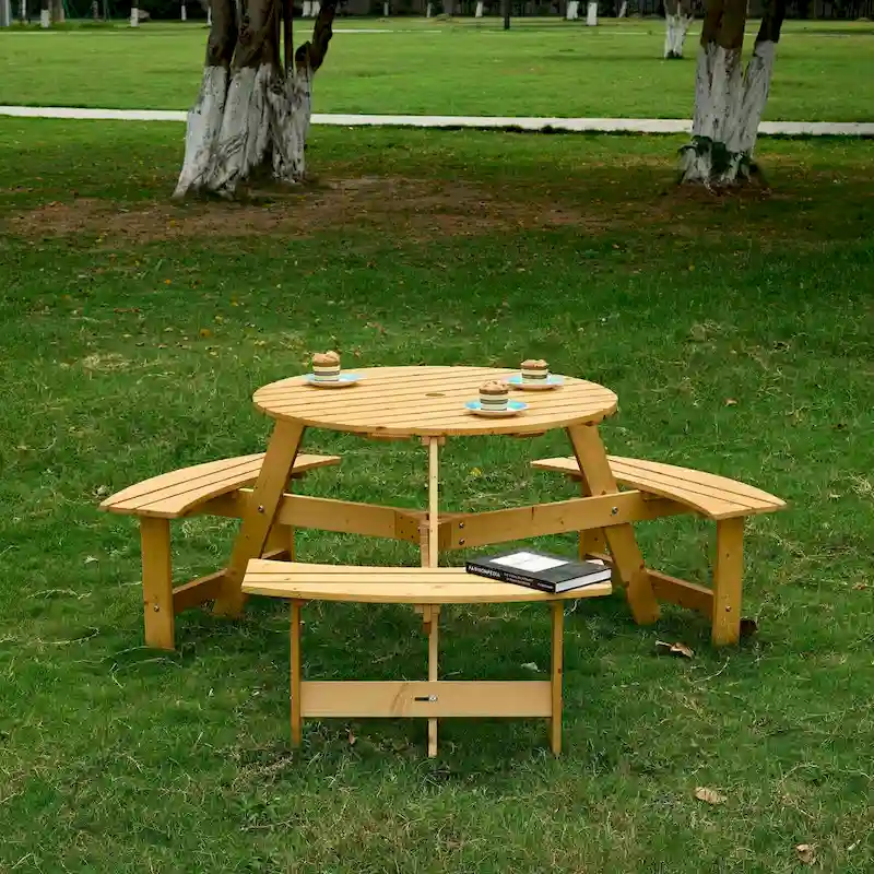 Outdoor 6 Person Picnic Table with 3 Built-in Benches and Umbrella Hole