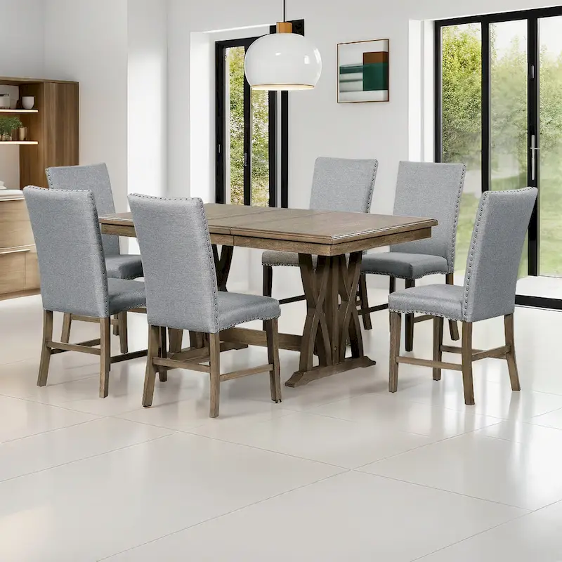 7-Piece Wooden Dining Table Set with Extendable Table & 6 Chairs