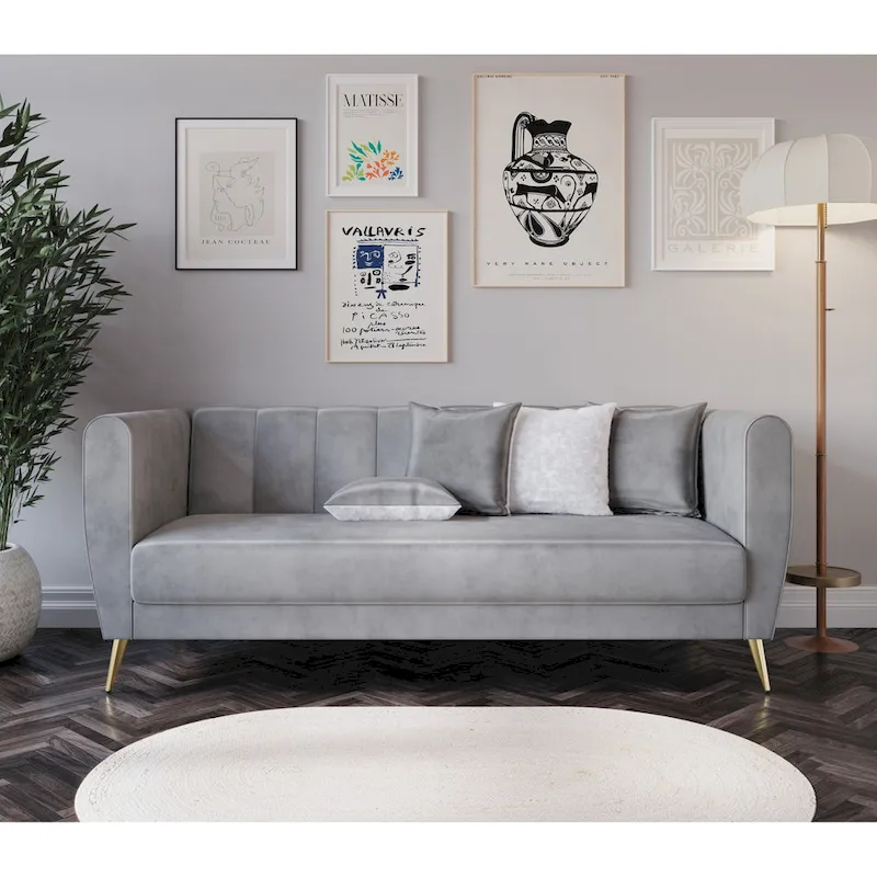 Scarlett Velvet Flared Arm 3-Seater Sofa with 4 Throw Pillow