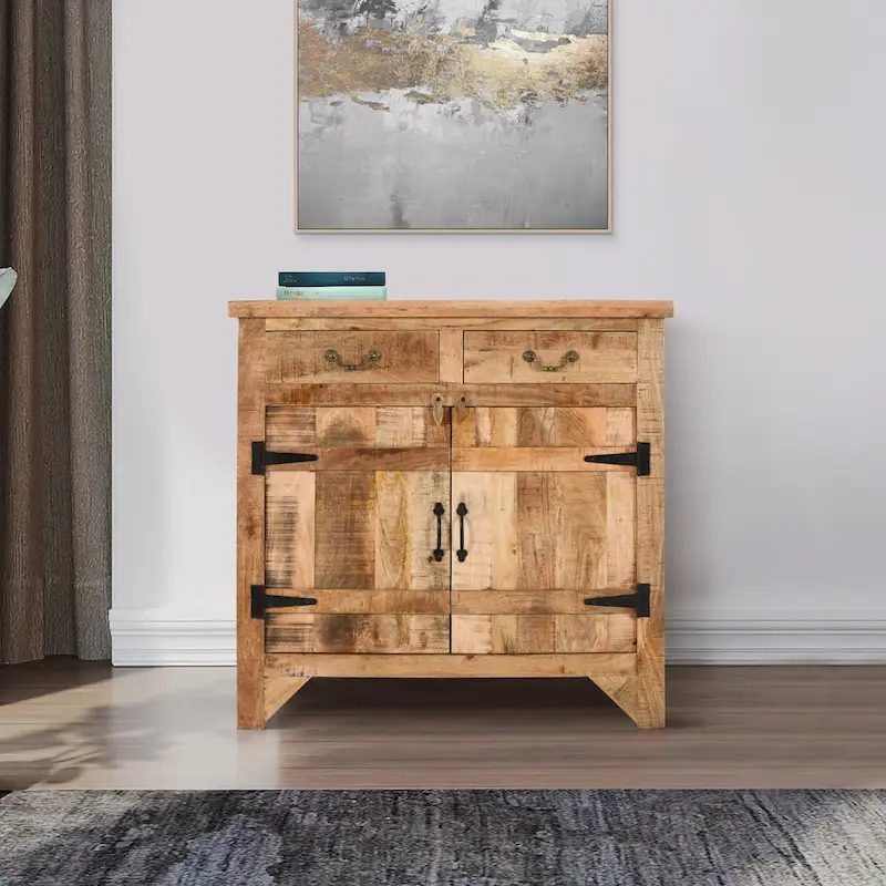 39 Inch Artisanal Farmhouse Style 2 Drawer Mango Wood Cabinet Console with 2 Door Storage Rustic Brown