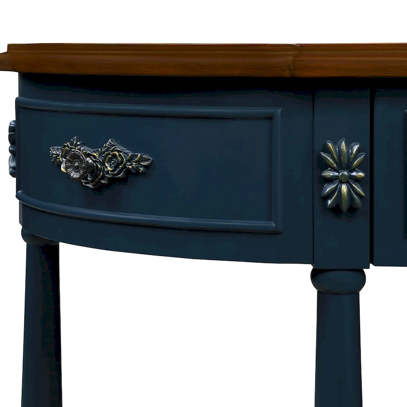 52 inch Circular Half Moon Sofa Table with Open Shelf and 2 Drawers