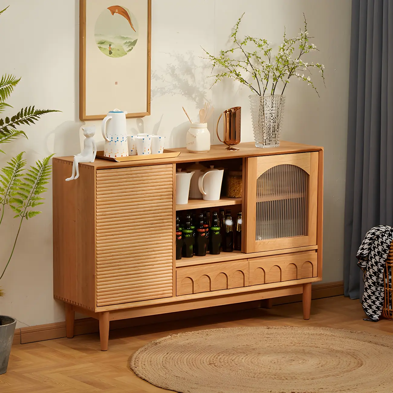 Scandinavian Yellow Wooden Sideboard with Cabinets