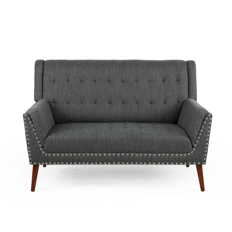 Mid-Century Modern Fabric Settee with Nailhead Trim