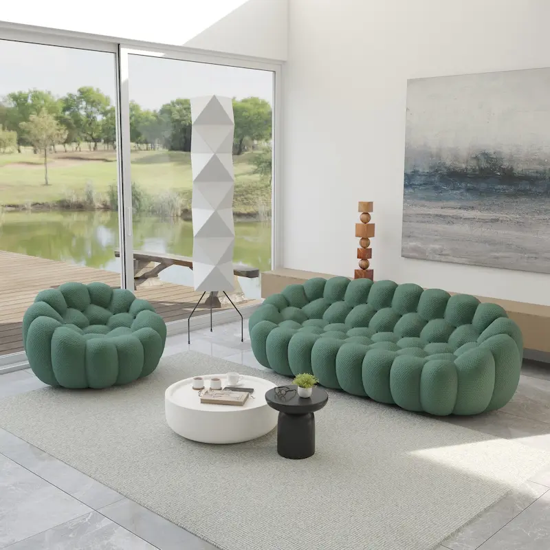 2PCS 3D Honeycomb Fabric Upholstered Bubble Sofa, 3 Seater Bubble Couch and Single Sofa for Living Room