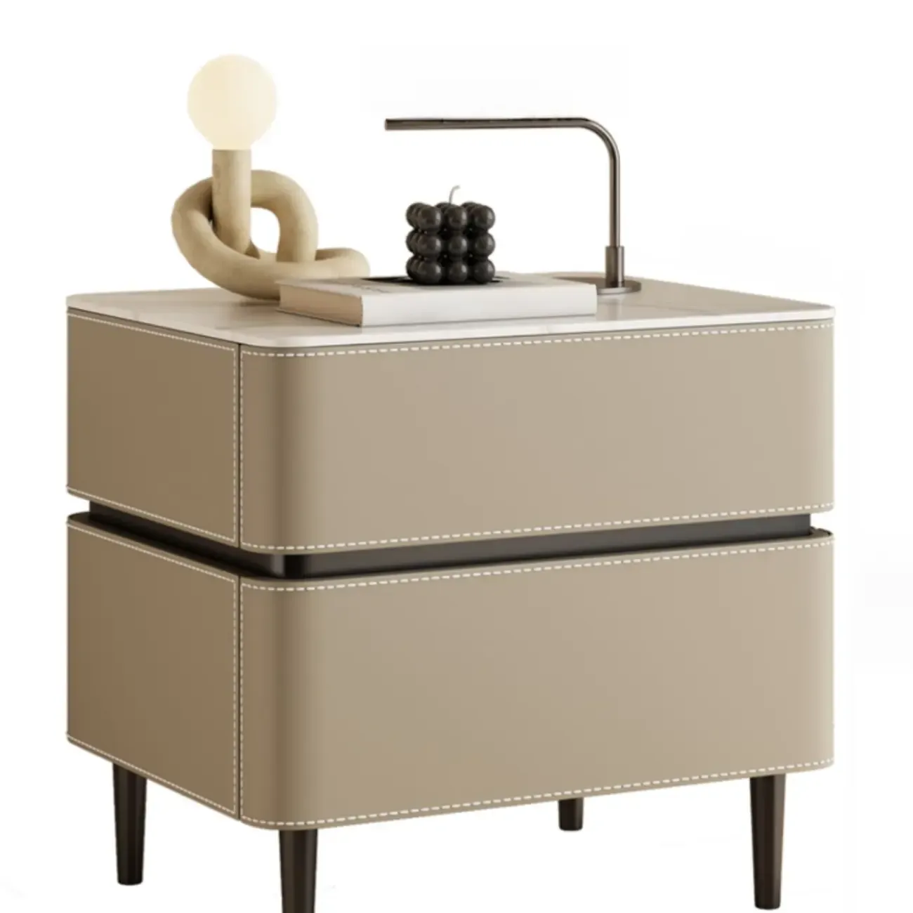 Modern Faux Marble Top Leather Rounded 2-Drawer Nightstand