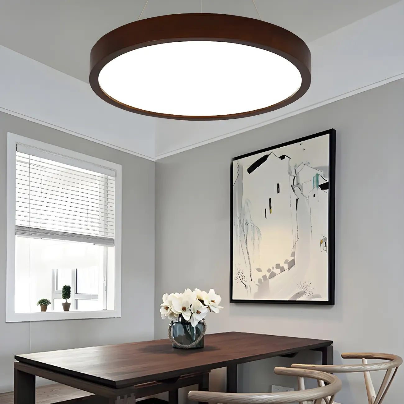 Modern Dimmable LED Brown Cylinder Wood Chandelier