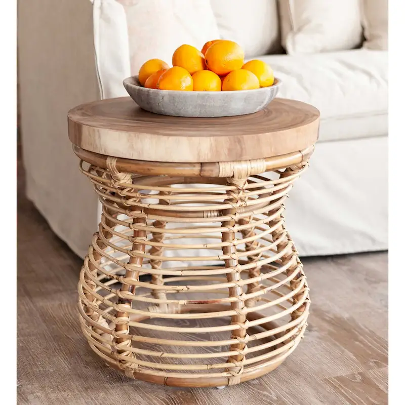 Rattan Cage Side Table With Solid Wood Top by East at Main
