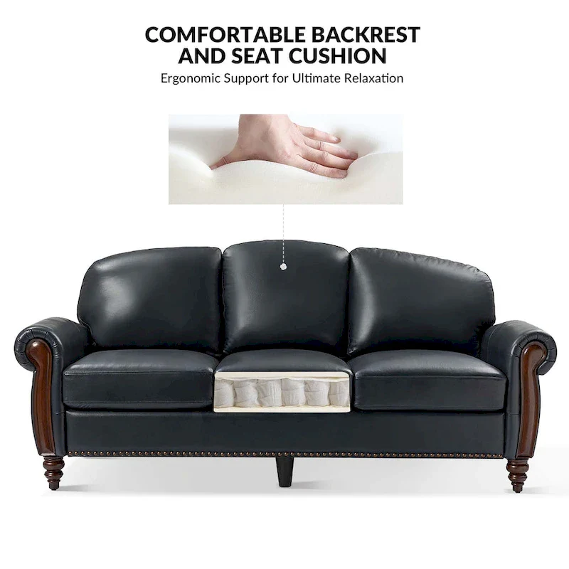 Eduard 84 Traditional Genuine Leather Sofa with Carved Wood Legs by HULALA HOME