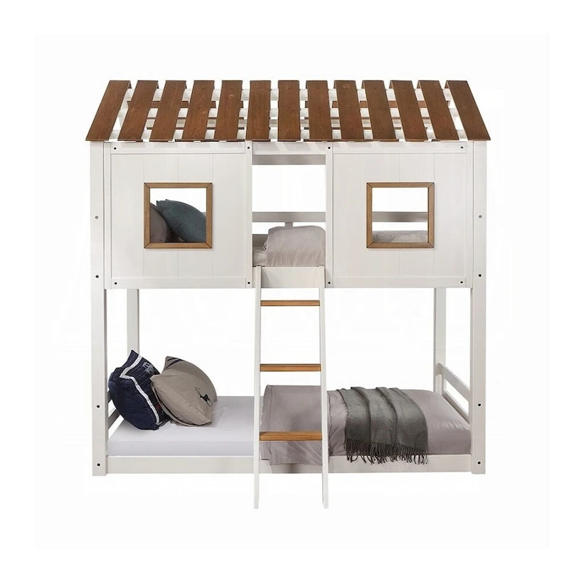 Wooden Twin Over Twin Bunk Bed in White and Rustic Oak