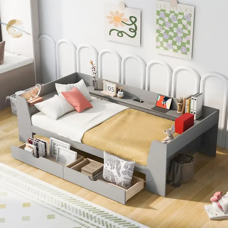 Twin Size Daybed with Shelves, Drawers and Built-In Charging Station