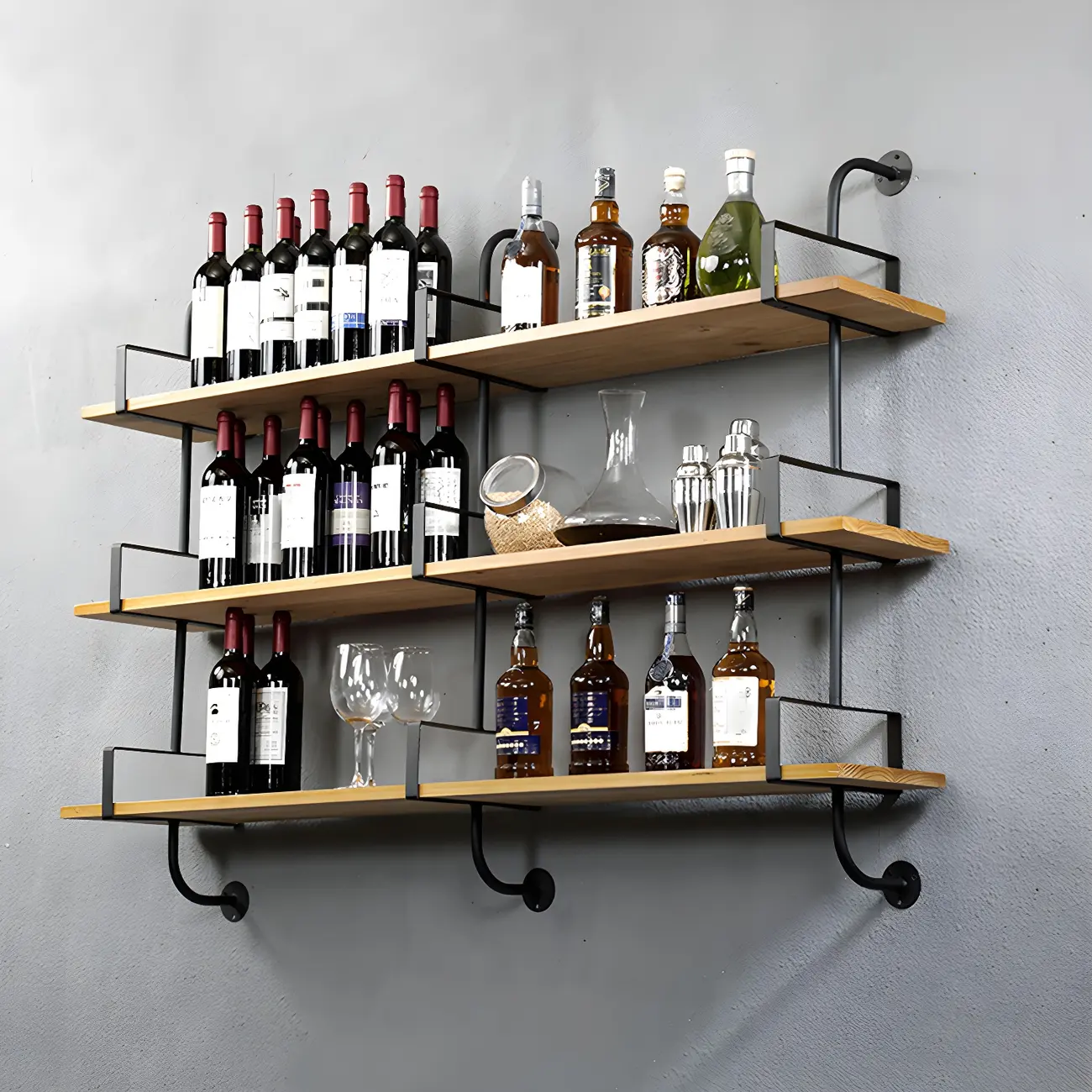 Simple 2-Tier Wood Metal Wall-Mounted Bookcase