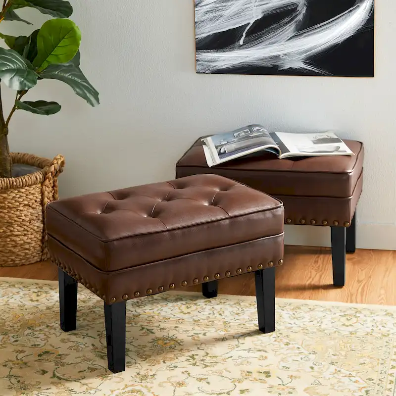 Glitzhome Set of 2 22 W Leatherette Button-tufted Foot Stools Ottomans