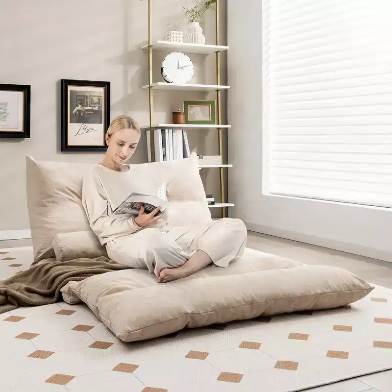 Convertible Lazy Sofa Bed with 42-Level Adjustable Backrest & 2 Lumbar Pillows Gray/Beige