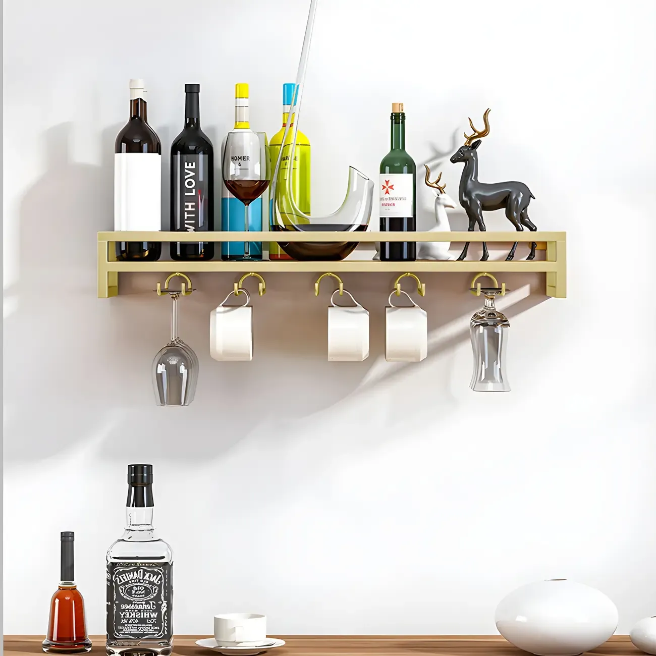 Floating Mount Metal Wine Glasses and Bottle Rack with Hook
