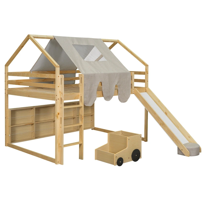 Full Loft Bed with Play Tent, House Design, Slide & Ladder