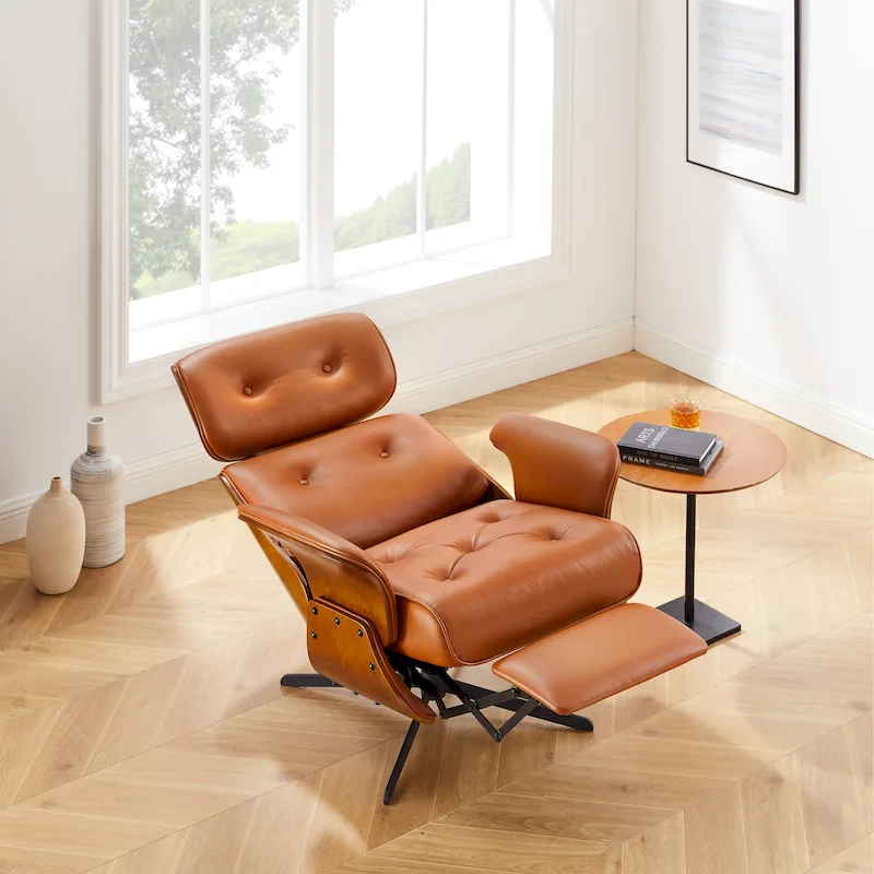 Art Leon Mid-century Modern Genuine Leather Lounge Chair Recliner