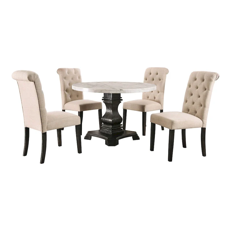 Brec Farmhouse Marble Top 5-Piece Round Dining Table Set with Tufted Chairs by