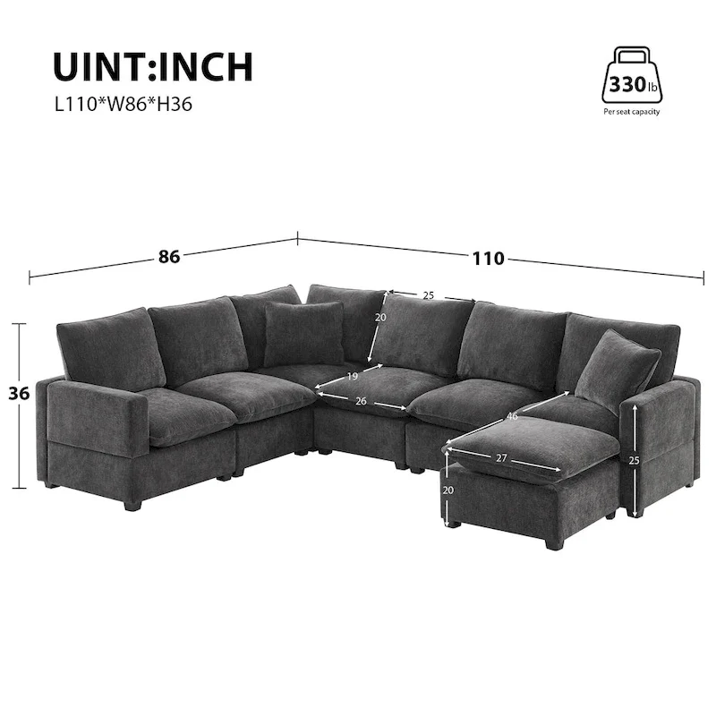 U Shape Modular Sofa, 7 Seat Chenille Sectional Upholstered Couch Set