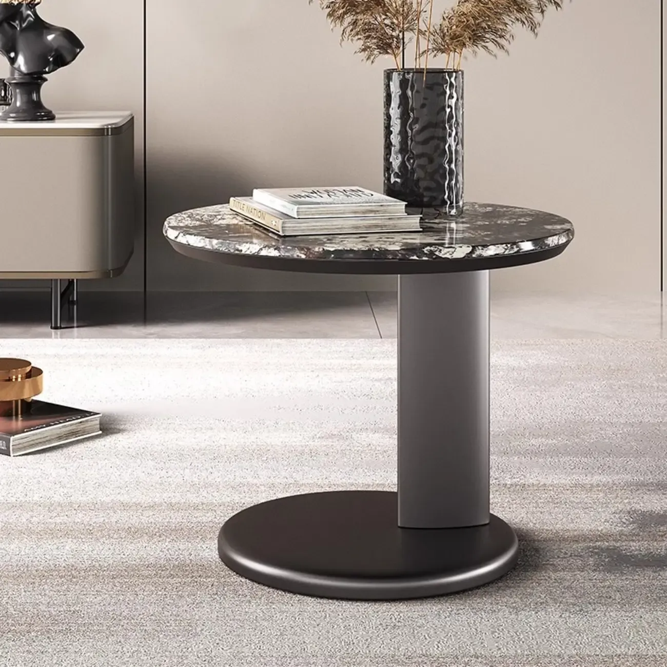 Modern Black Round C-shaped Side Table With Stone Top