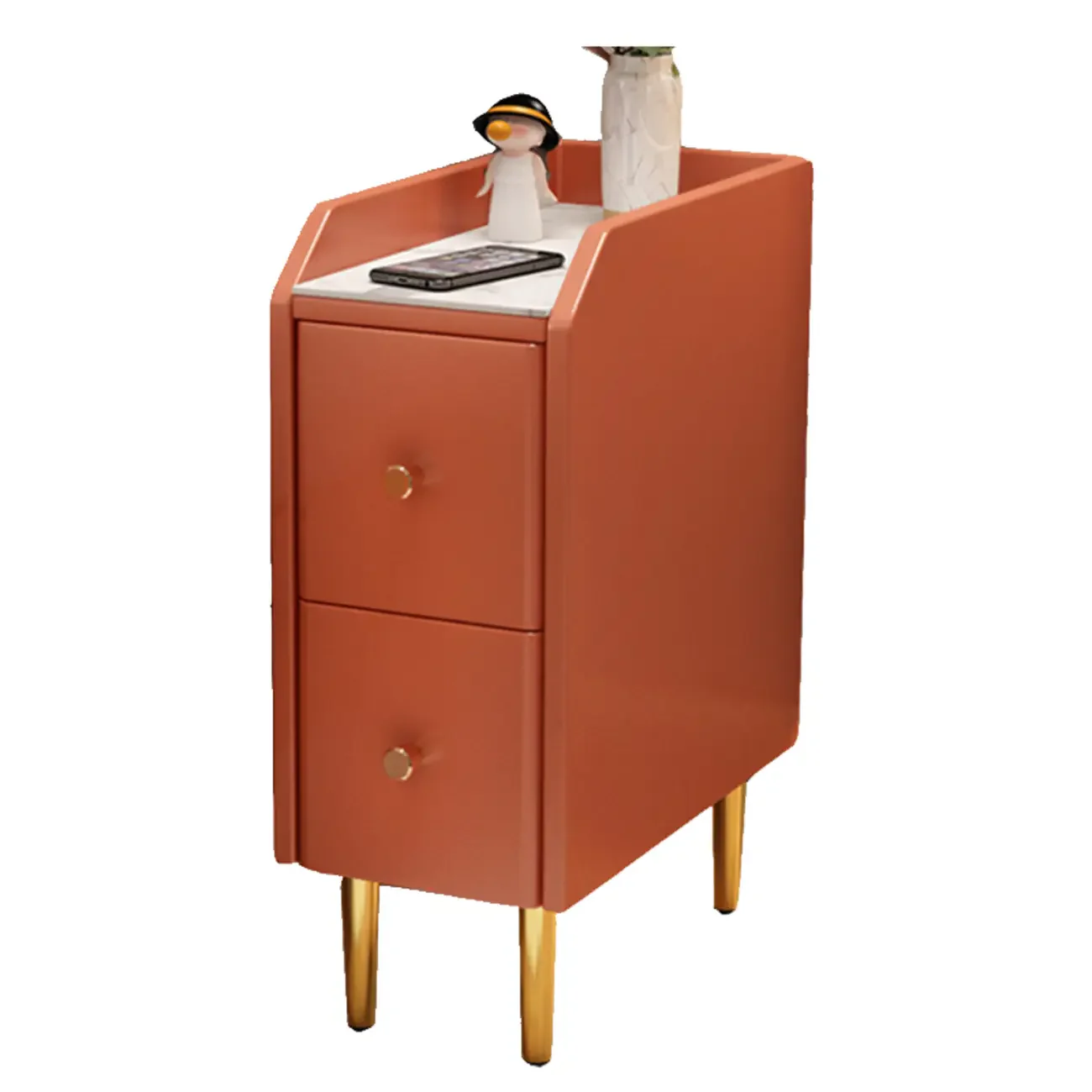 Narrow Faux Leather Drawer Nightstand with Stone Countertop