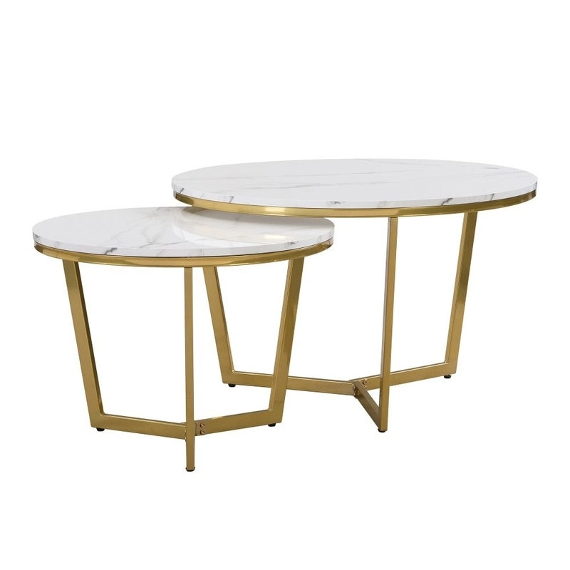 2Pcs Modern Round Nesting Coffee Table Set with Marbling Top Design and Gold Base