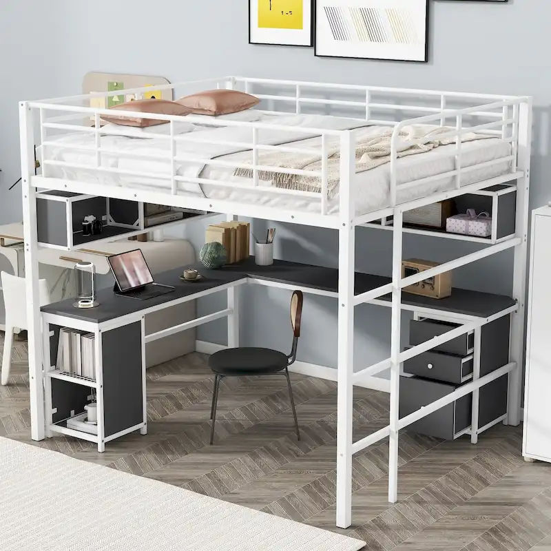 Full Size Loft Bed with Bookcase & Cabinet, Metal Loft Bed with L -shaped Built-in Desk, Metal Bed Frame for Kids, Teens, Adults