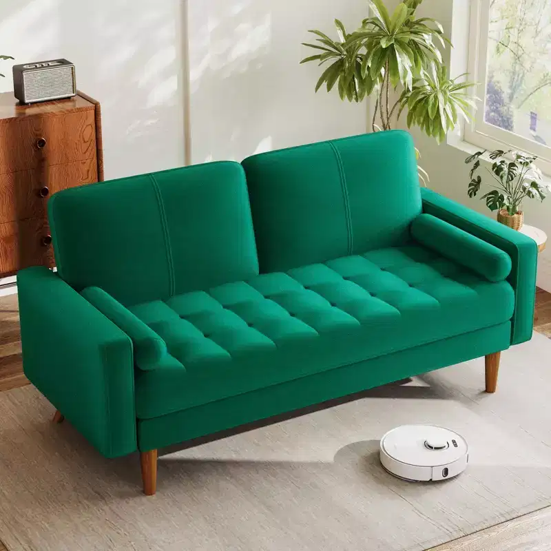 Dyonery 67 Sofa Velvet Loveseat Couch Mid Century Modern Sofa Couch with Solid Wood Legs Beige