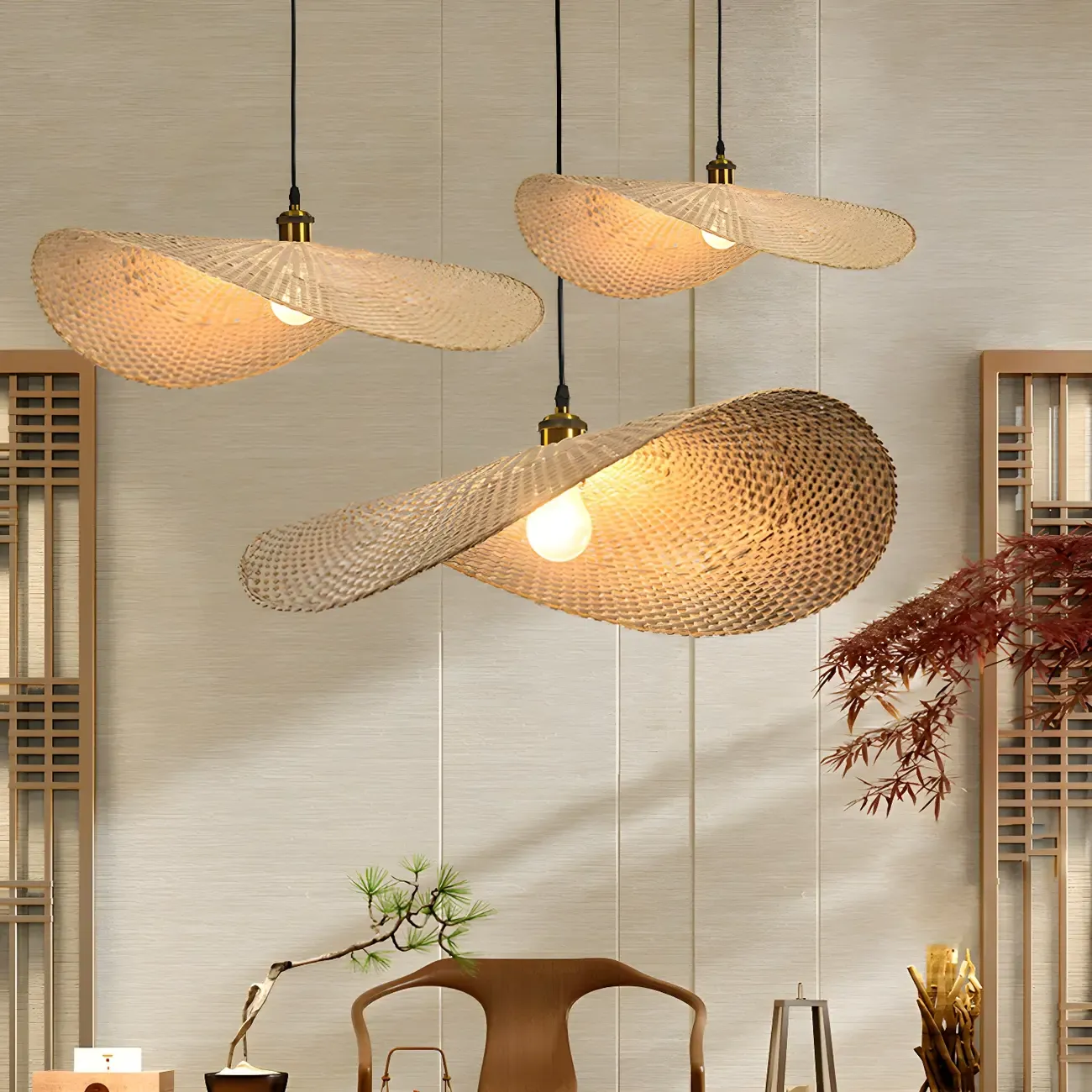 Bamboo Oriental Pendant Light Hanging Fixture for Indoor
