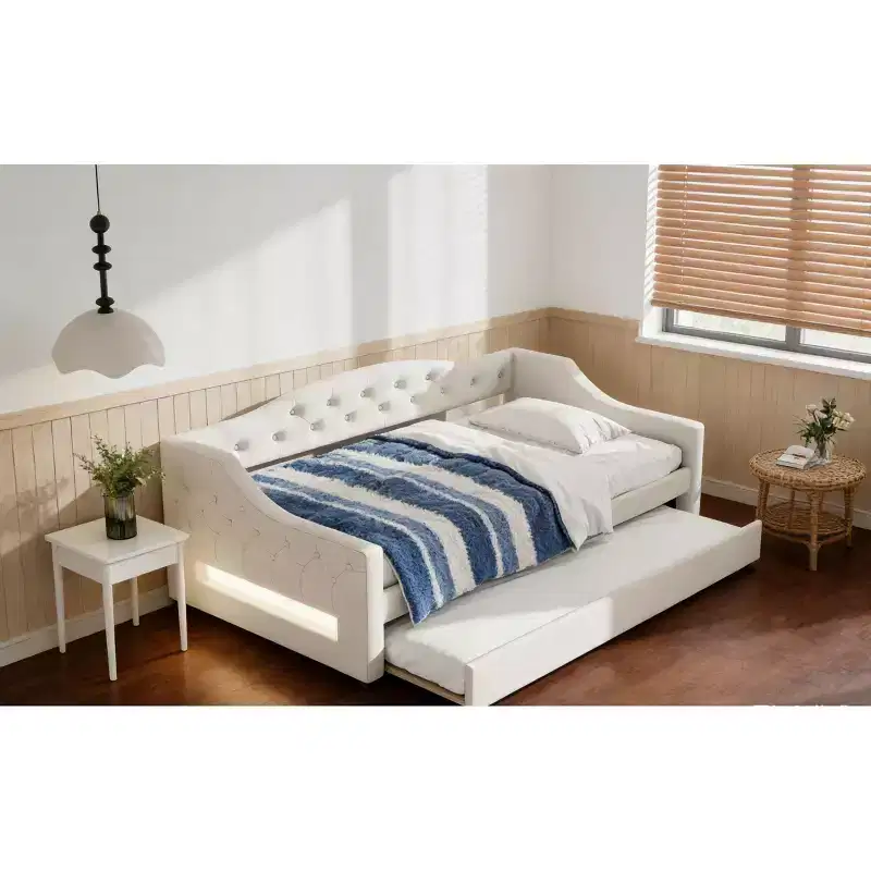Cozy Upholstered Daybed with LED Ambient Lights & Pull-Out Trundle, Space-saving Bed Frame for Bedrooms & Living Rooms.