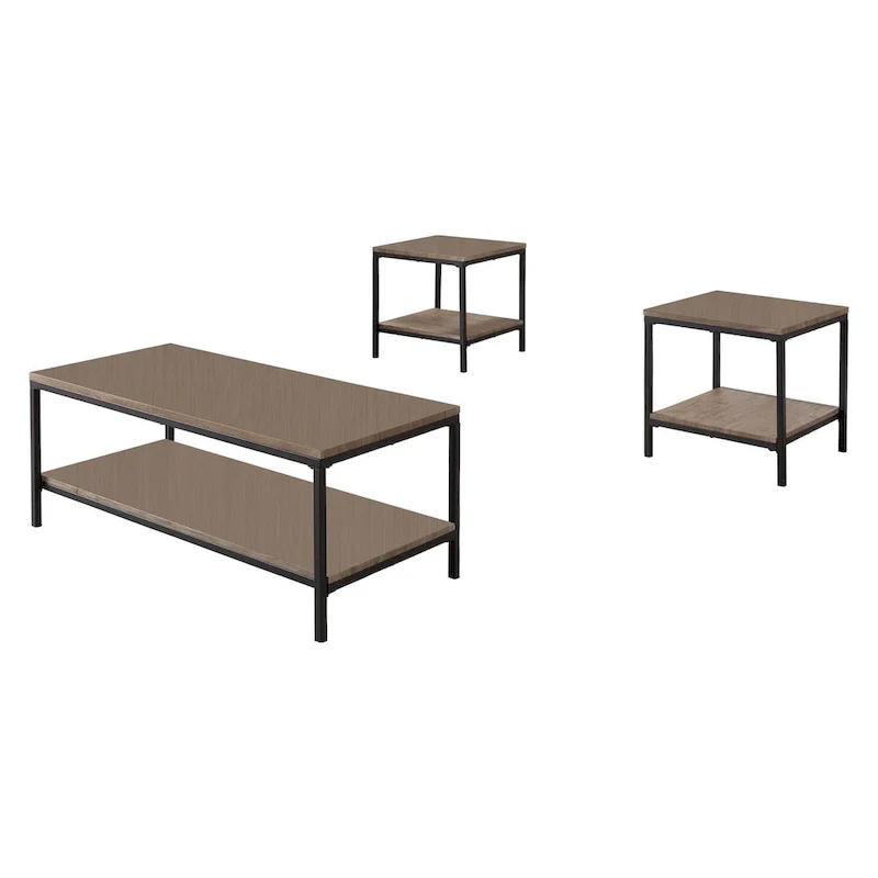 3 Piece Gray Finish Wood/Black Metal Frame Occasional Table Set, Coffee Table & 2