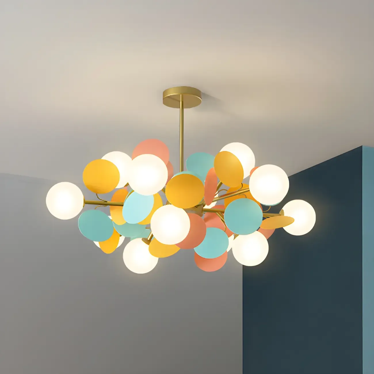 Pastel Sphere Glass and Metal Starburst Chandelier