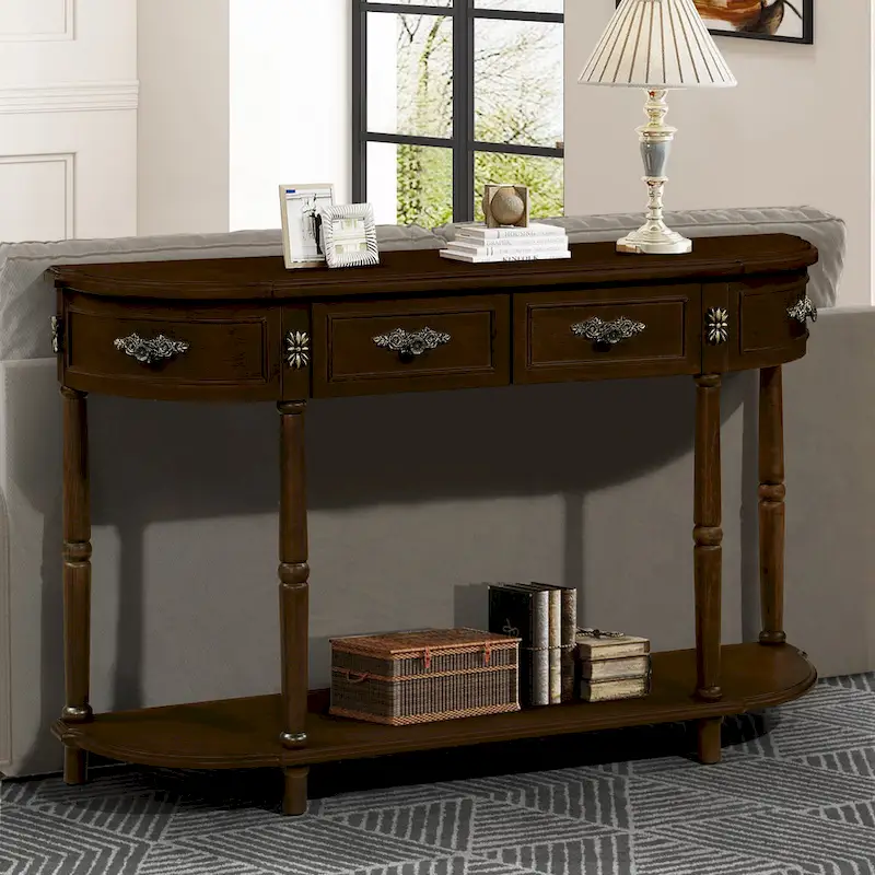 52 inch Circular Half Moon Sofa Table with Open Shelf and 2 Drawers