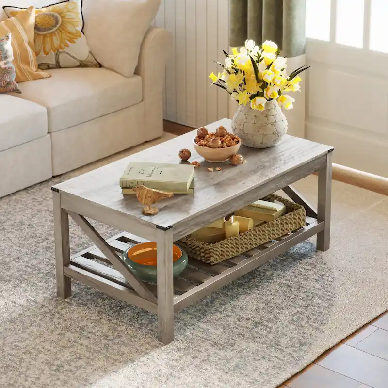 Pellebant 2-Tier Coffee Table Center Table Tea Table with Storage Shelf