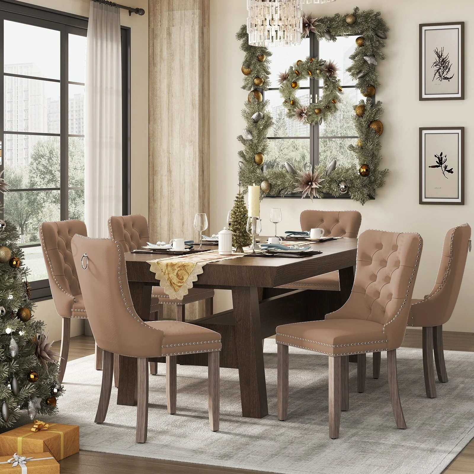 Upholstered Tufted Velvet Dining Chair with Solid Wood Legs Set of 6