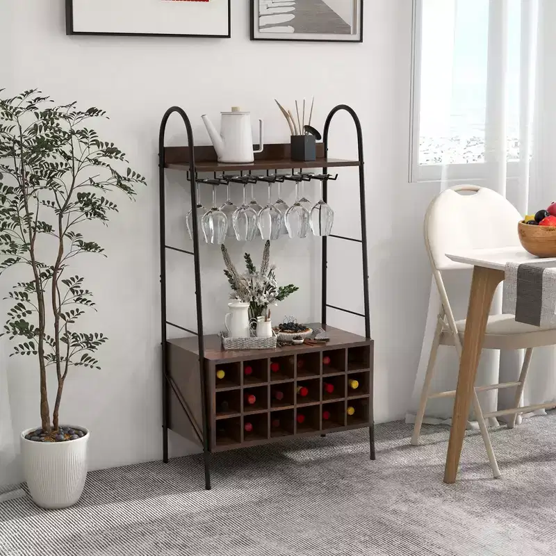 Costway Industrial Rack Freestanding Bottle Holder with Stemware Holder & Open Shelves