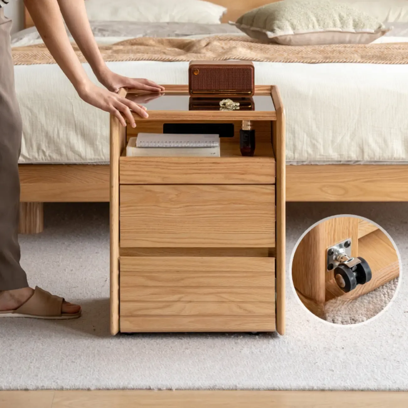 Natural Wooden Multi-Drawer Nightstand with Glass Top