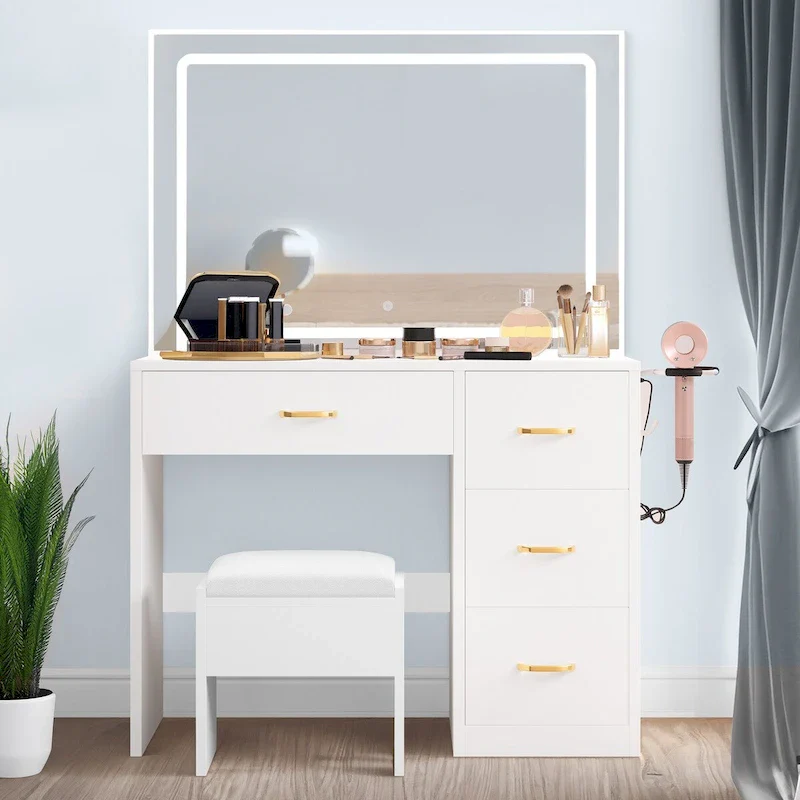 Moasis Vanity Set with Led Lights Makeup Desk Dressing Dresser Desk Table with 4 Drawer - 35.43L x 15.74W x 53.54H