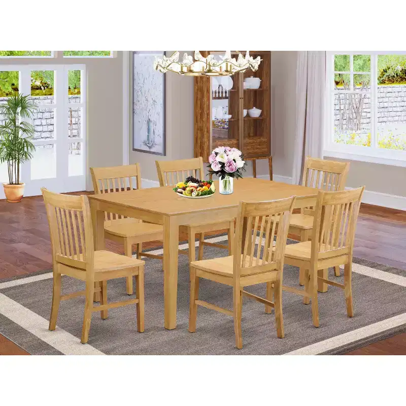 Natural Wood Rectangular Dining Table Set, 7-Piece, Seats 6