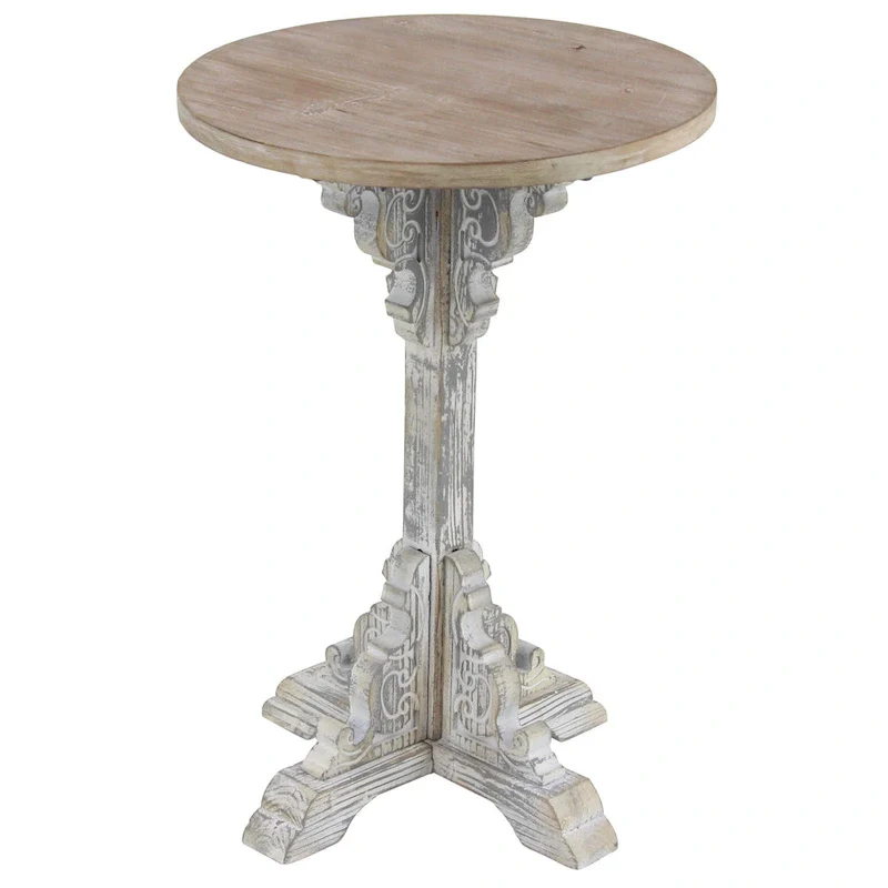 Wood Scroll Intricately Carved Accent End Table, Rustic Brown Gray Cream Side Table