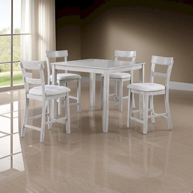 Cher 5 Piece Set Counter Height Dining Table, 4 Chairs, Gray Fabric, Wood