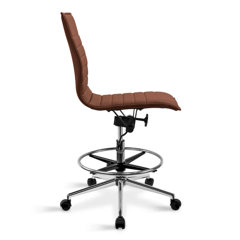 Modern Drafting Chair Upholstered PU Leather Ribbed Armless Mid Back with Tall Adjustable Base & Leg Rest