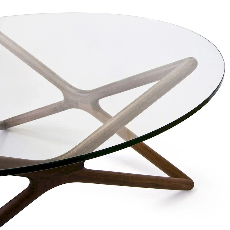 Coffee Table - 39.5 Tempered Glass Top, American Ash Wood, 6-Point Cross Base, Modern Design