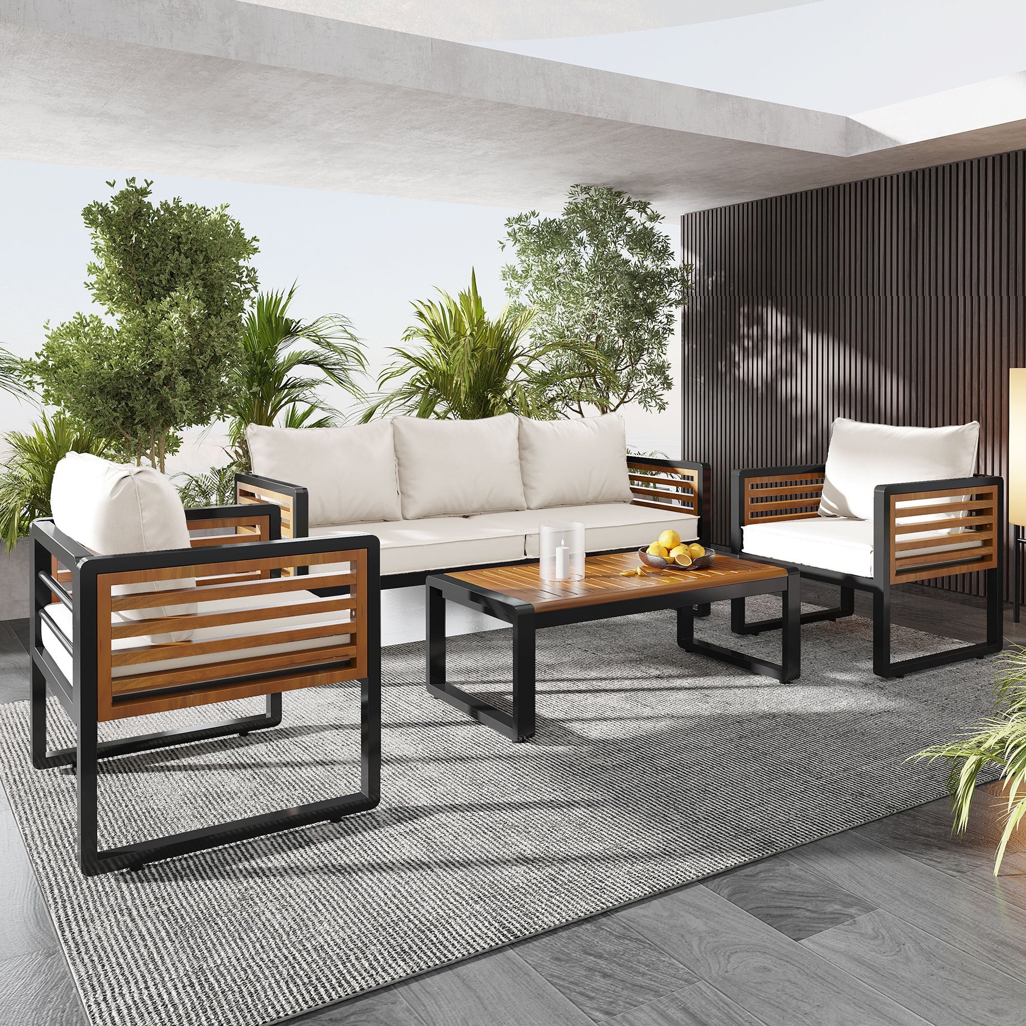 Metal and Wood Frame 4-pieces Outdoor Furniture Sofa Set