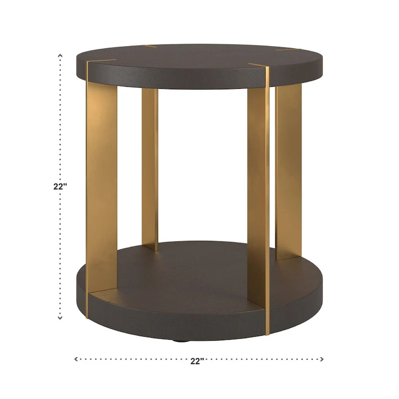 Gold Finish Metal Dark Brown Faux Shagreen Round Table Set