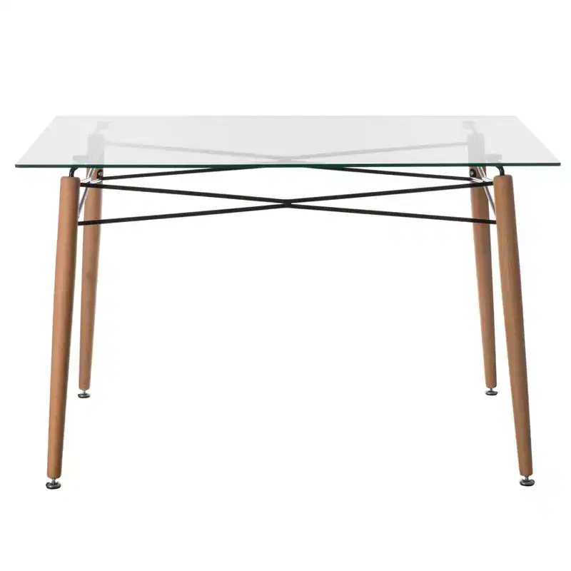 Fabulaxe Rectangle Clear Glass Top Accent Dining Table with 4 Beech Metal Frame Solid Wood Legs | Modern Space Saving Small Leisure Tea Desk