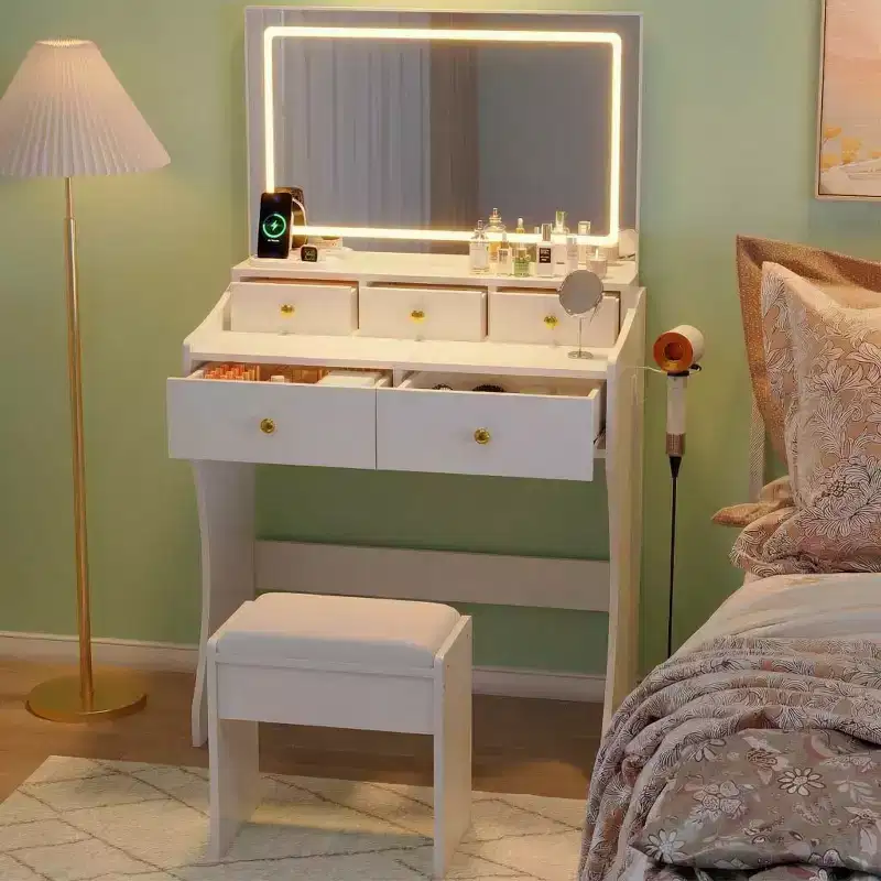 31.5-Inch Wide Vanity with Cushioned Stool - Dressing Table Featuring Power Outlet, Hair Dryer Holder & 5 Drawers