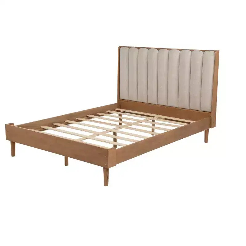 Whisen Wood Bed with Upholstered Headboard and Strengthened Frame