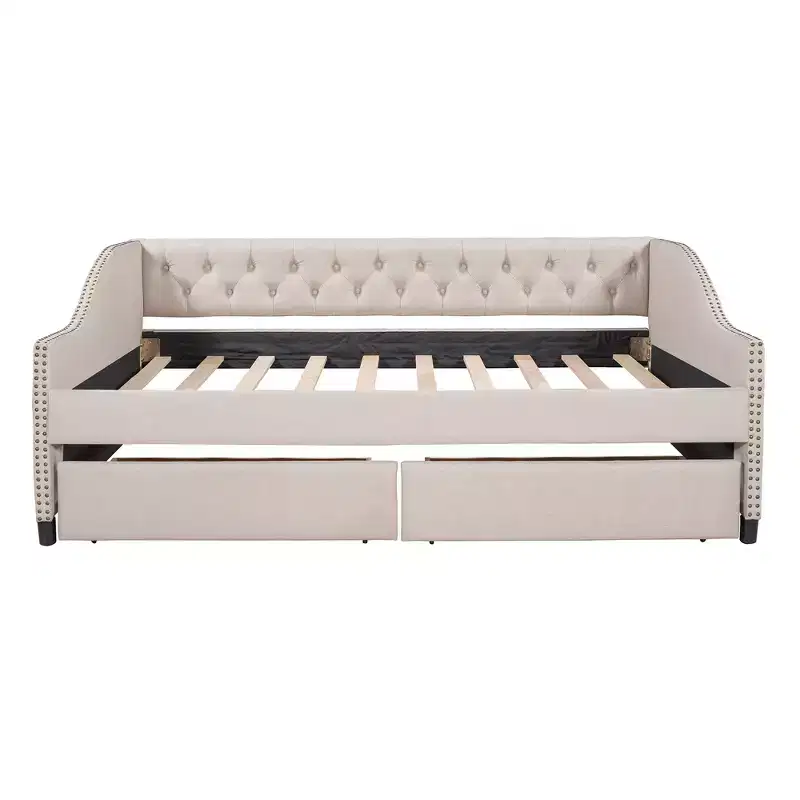 Upholstered daybed with Two Drawers Wood Slat Support Beige Full Size