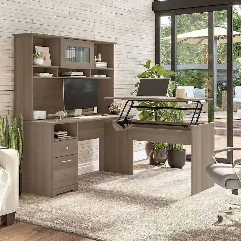 60W 3-position L-shaped Sit to Stand Desk with Hutch by