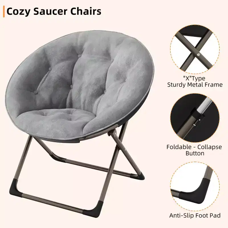 Comfy Saucer Chairs, Folding Reading Lounge Chair, Cozy Faux Fur Living Room Chair with Soft Thick Padded Seat Metal Frame, Modern Style Home